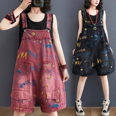 Denim Playsuits Kadın Gevşek Geniş Bacak Vintage Playsuits Bayanlar Büyük Cepler Baskılı Tulum Kadınlar için Yaz