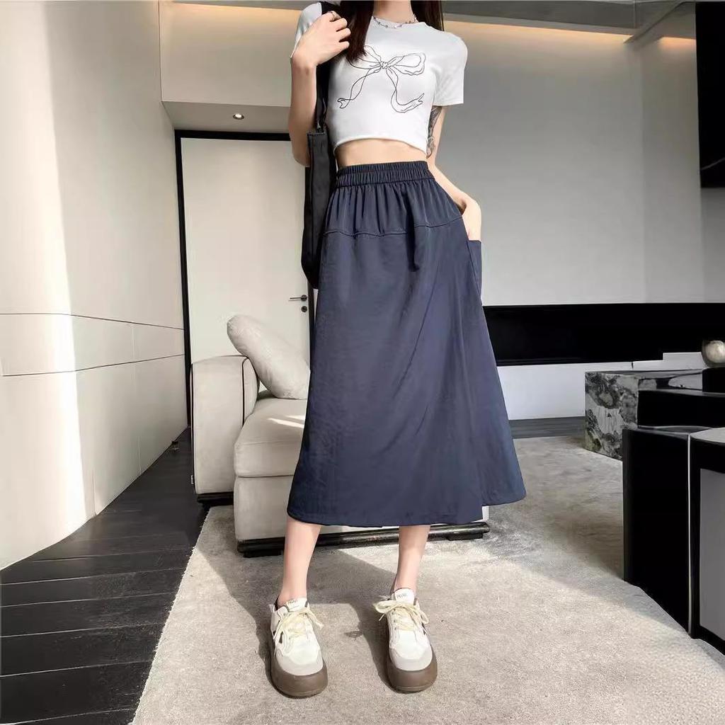 Yamamoto Women's Slit High-Waisted Midi Skirt-Pants, Summer 2026 - Ice Silk, Slimming Casual Wide-Legs.