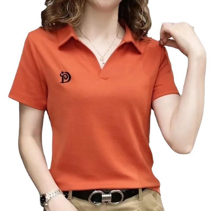 Womens Polo Blouse V-neck Short-sleeved T-shirt Womens Summer Latest Age-reducing Leisure Top