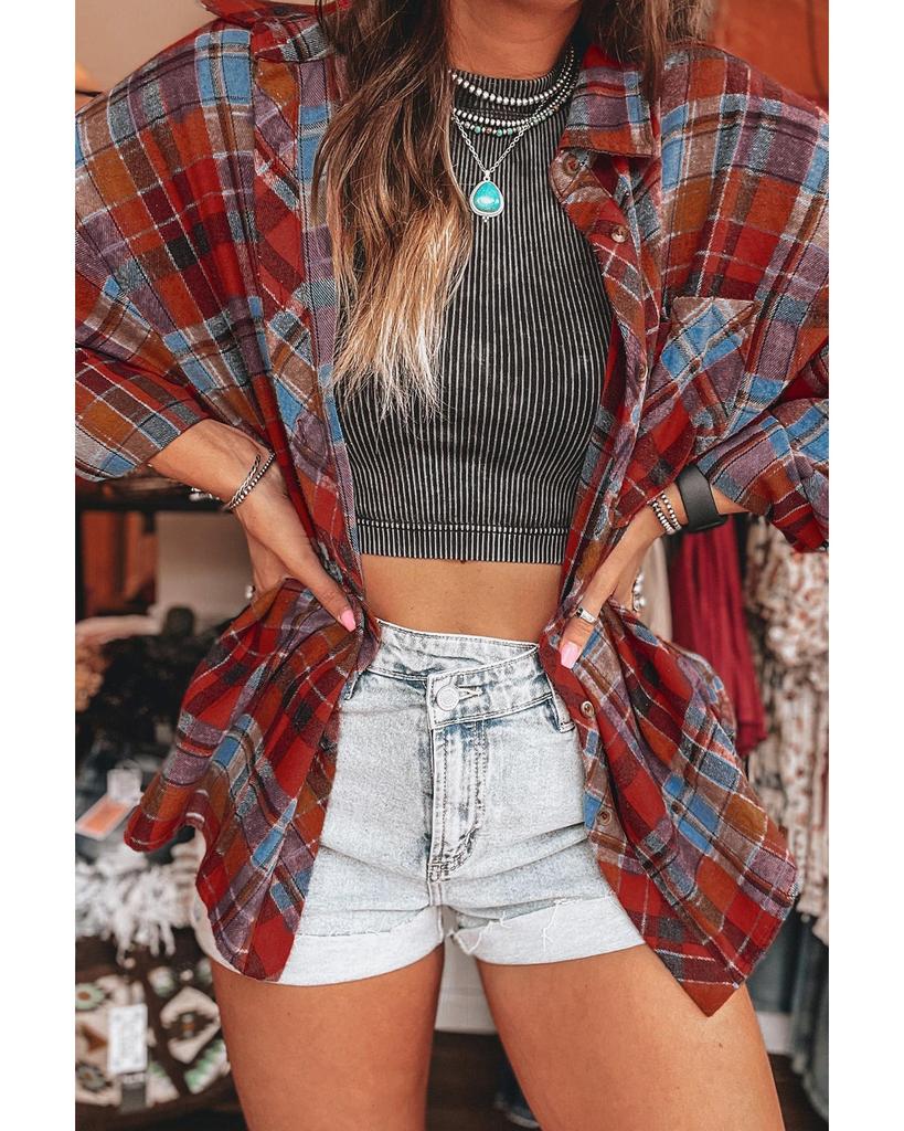 Azura Exchange Red Plaid Print Loose Vintage Shirt