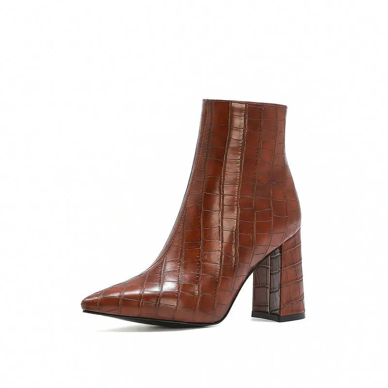 

Горячая распродажа модных женских ботильонов, сексуальные толстые каблуки, заостренные носки, женские ботинки, зимние женские ботинки, черные, синие, коричневые, женская обувь 39 коричневый