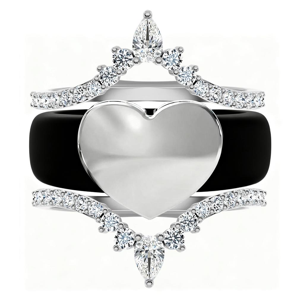 s/Set Stackable Heart Crown Ring Set for Women Black Silicone Band with CopperPlated CZ Crystal Engagement Wedding Jewelry V