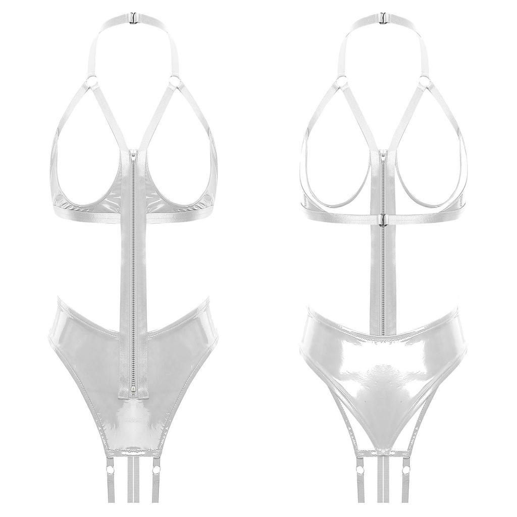 Womens Patent Leather Bodysuit Halter Style Rear Accent Hollow Out Design Naughty Romper Club Wear
