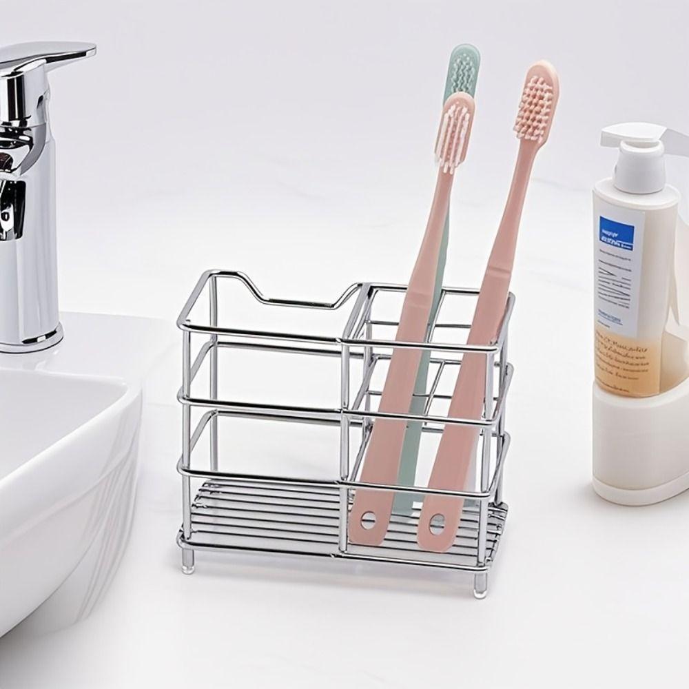Stainless Steel Toothbrush Holder 5-Slot Layout Bathroom Organizer Countertop Storage