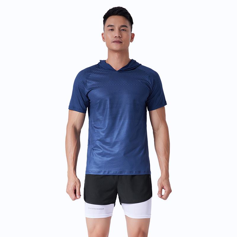 

Мужская спортивная футболка с капюшоном и коротким рукавом, быстросохнущая: Дышащий, Высокоэластичный, Влагоотводящий для Бега, Фитнеса и Баскетбола. M сапфир синий