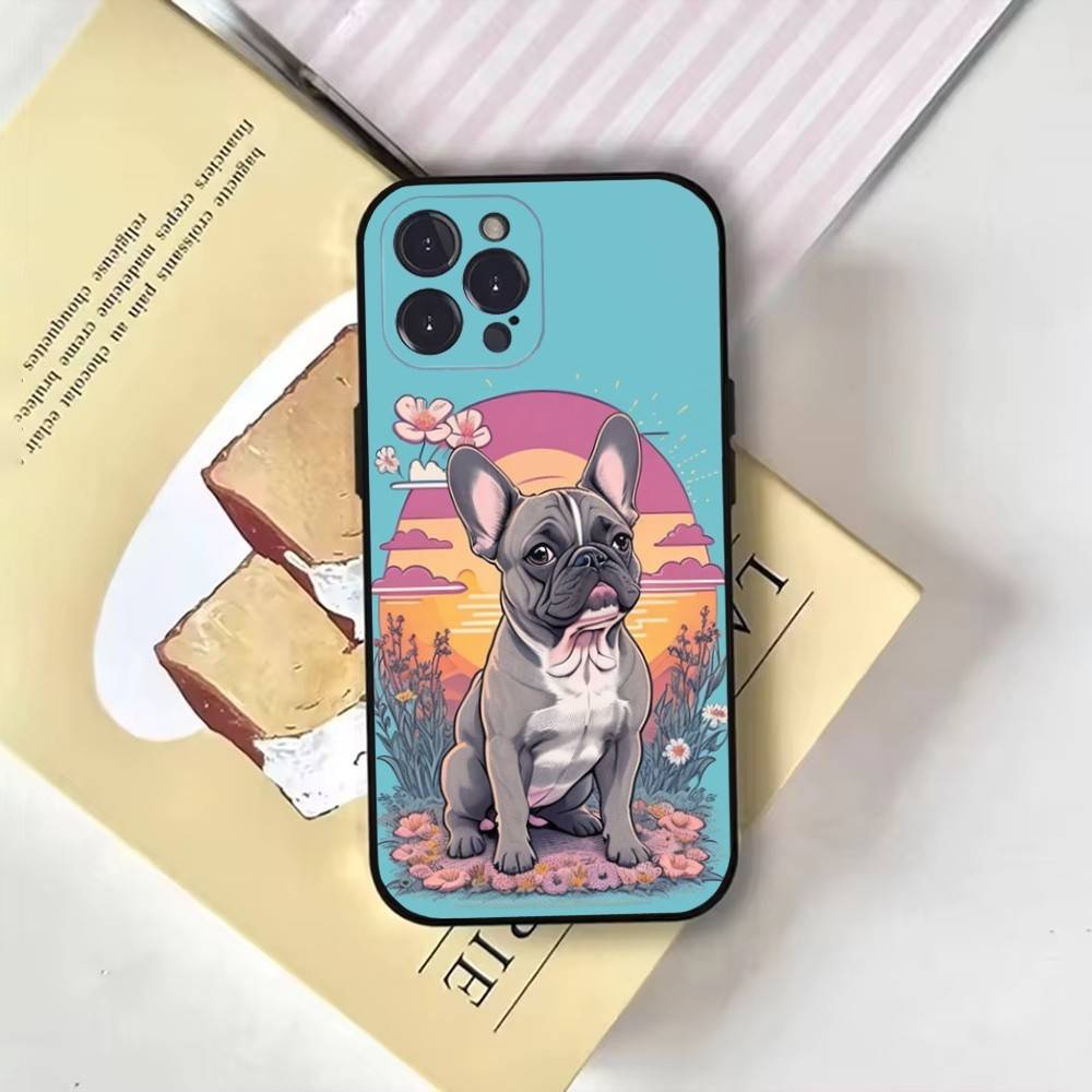 Cartoon Französische Bulldogge Handyhülle Für iPhone17,16,15,14,13,12,11 Plus,Pro Max,Weiche Schwarze Hülle
