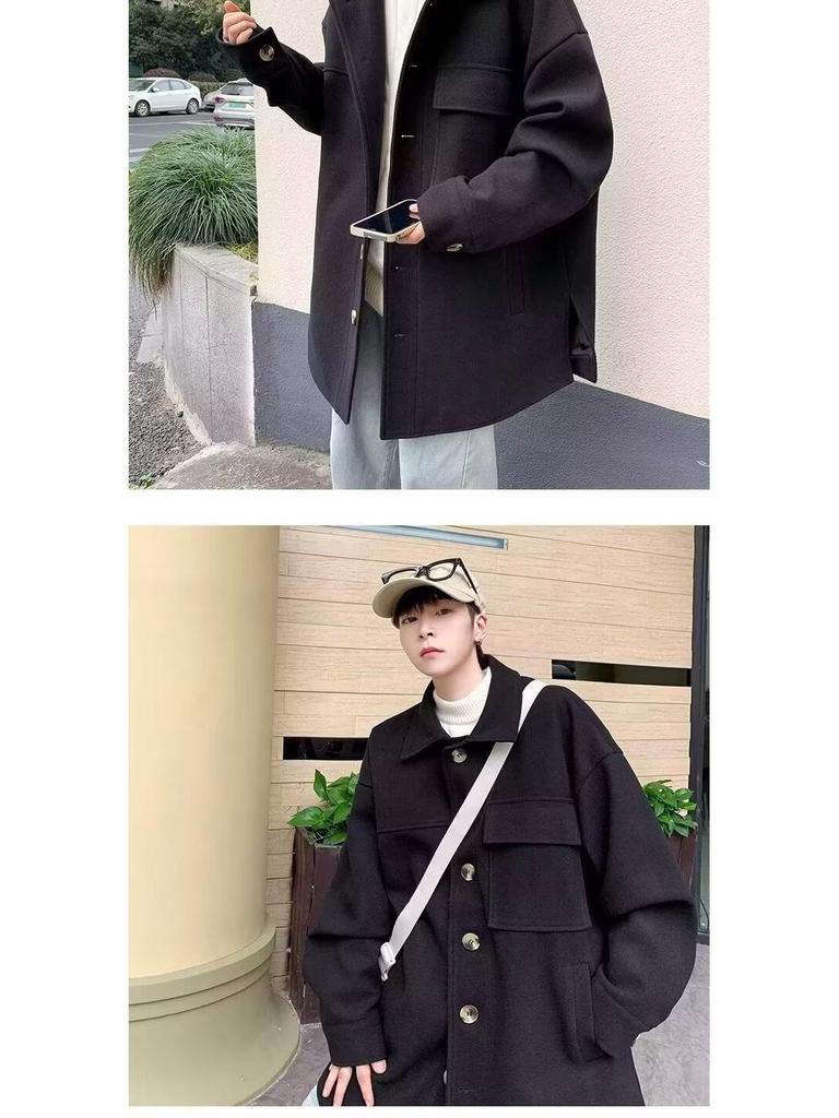 Men's Mid-Length Woolen Coat: Casual, Trendy, Oversized High-End Winter and Autumn Windbreaker.