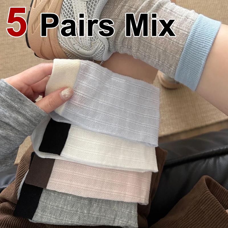 

5/10 Pairs Women Mesh Color Blocked Mid Tube Socks Spring Summer Hollow out Thin Design Breathable Soft Comfortable Casual Socks One Size