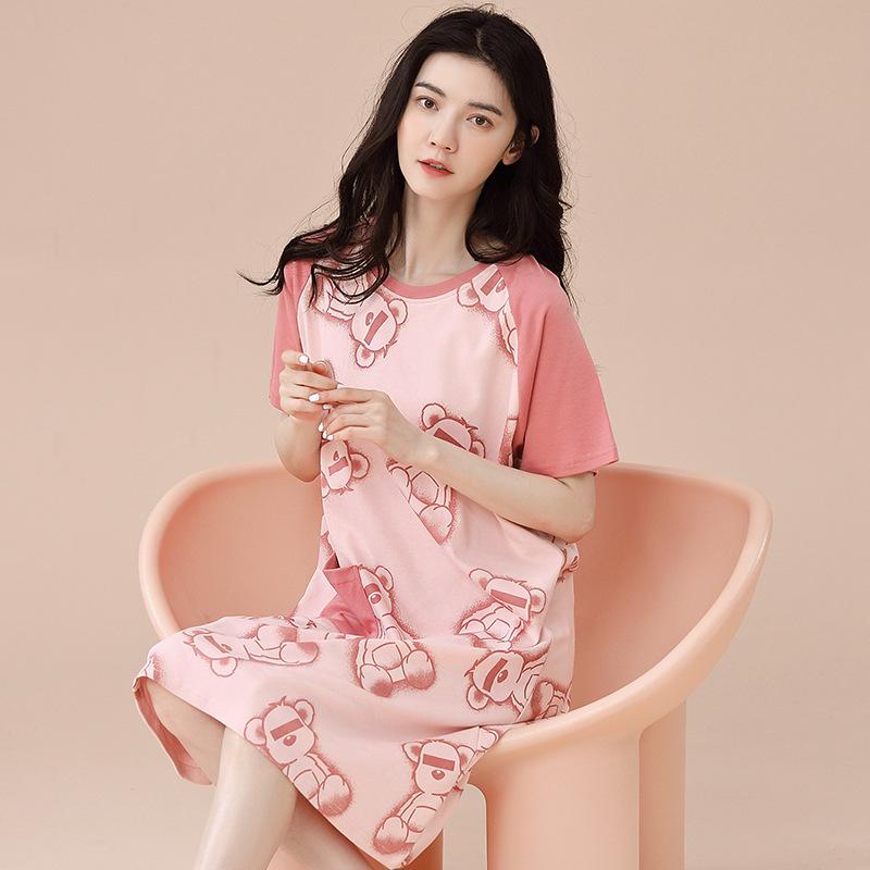 Women's Summer Korean-Style Pure Cotton Short Sleeve Loose Mid-Length Nightgown Pajamas for Home or Casual Wear