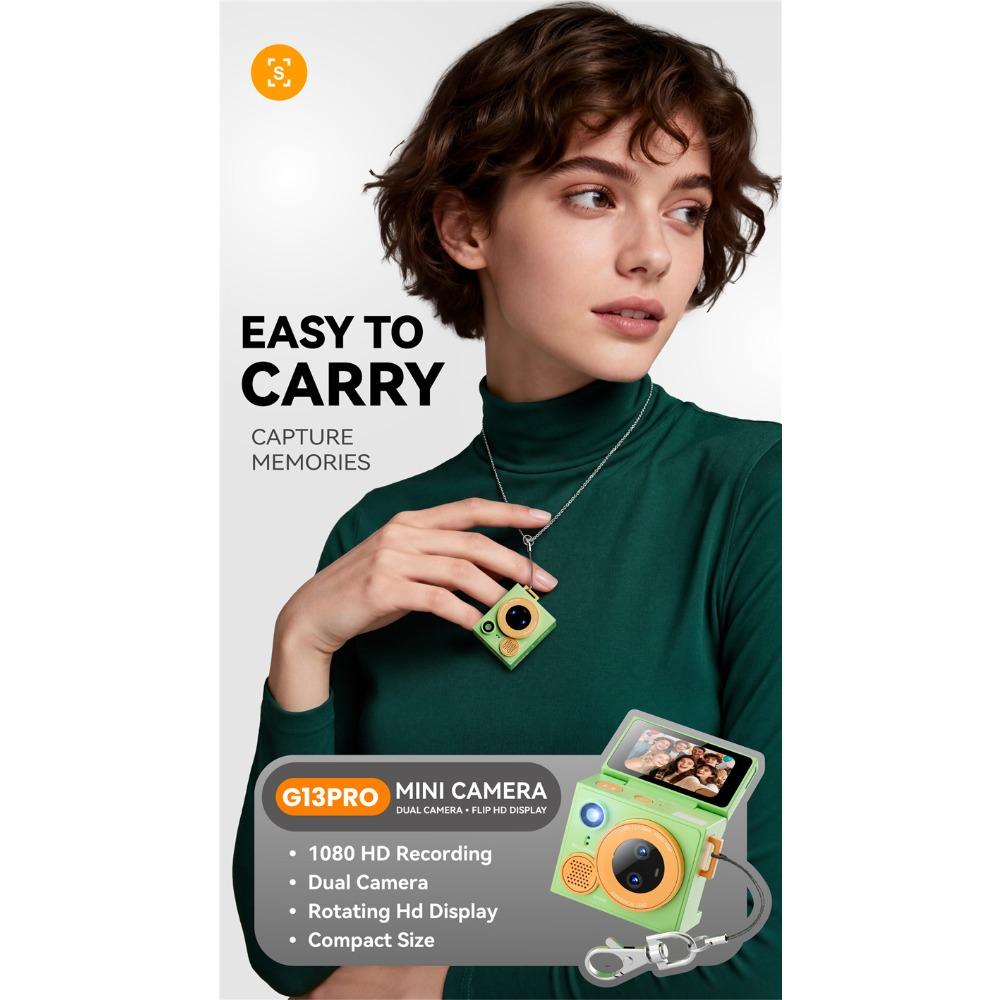 G13 HD Thumb Camera, Dual Lens, Flip Screen, Photo and Video Recording, Retro Selfie Camera, Student Camera, Include 32GB Memory Card+card Reader