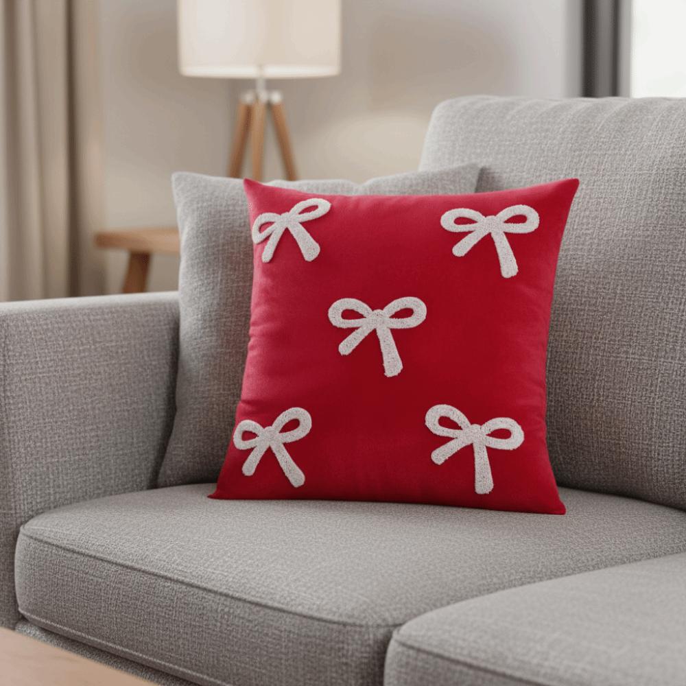 Comfortable Velvet Sofa Pillow Cover Soft Luxury Bow Pillow Case Decorative with Bow Embroidery Throw Pillowcover Bedroom