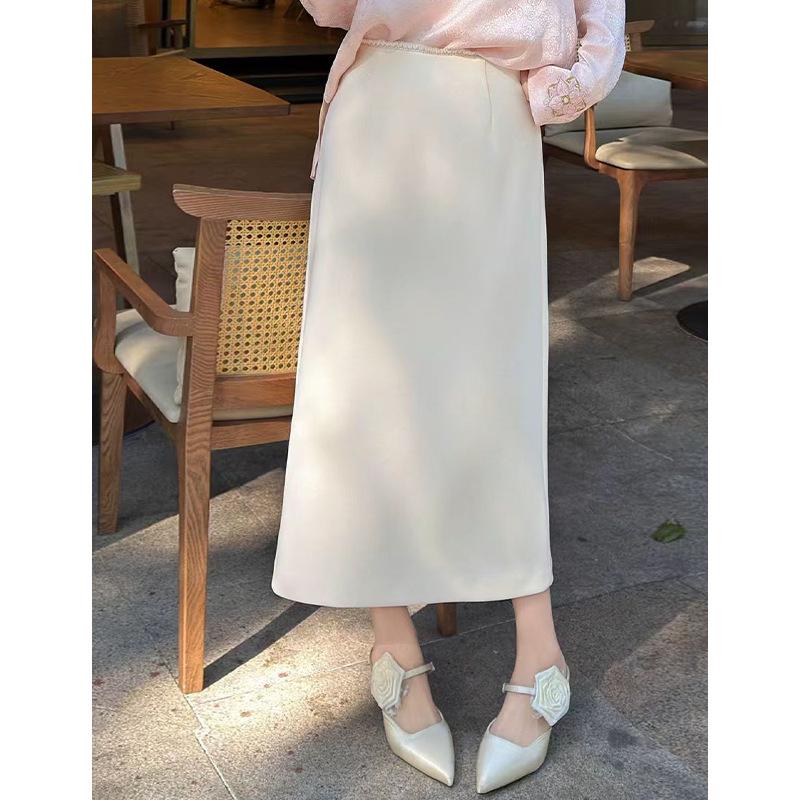 Rongtai Elegant High-Waist Lace Trim Straight Skirt with Back Slit - Women's Fashion 2026