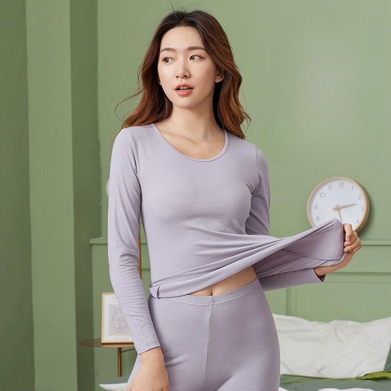 Cotton Thermal Underwear Women's Set, Solid Color Base Shirt for Women, Thin and Fitted Autumn and Winter Clothes and Long Johns