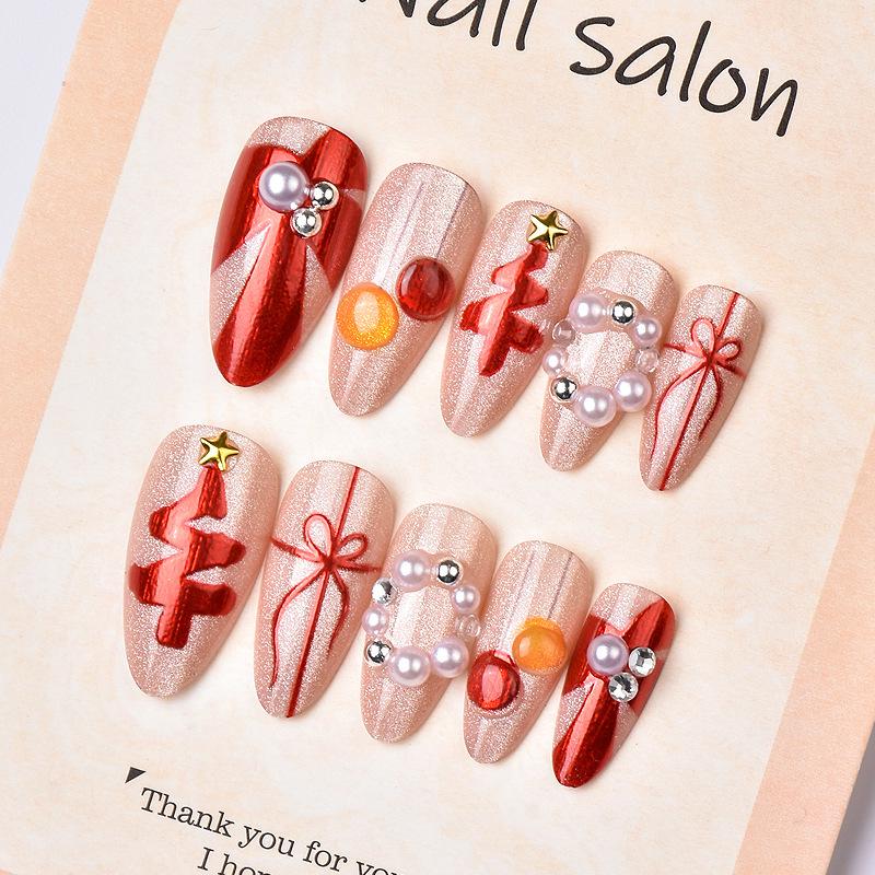 24-Piece Christmas Cat Eye Almond Manicure Set with Gold Trees & 3D Star Rhinestone Press-on Nails
