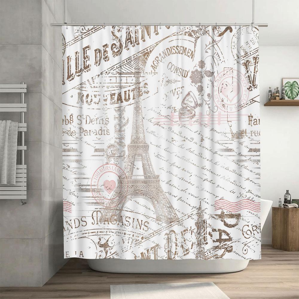 Retro Eiffel Tower Print Shower Curtain For Bathroom Decor White Brown Tones Waterproof Fabric With Grommets Set