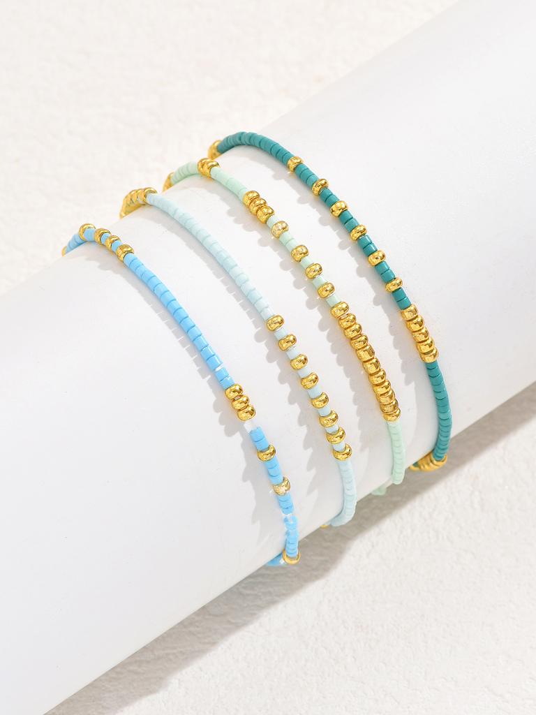 4 PCS Turquoise Color Seedbeads Stretch Bracelet Set Bohemia Gold Color Glassbeads Elastic Handmade Girls Vacation Jewelry