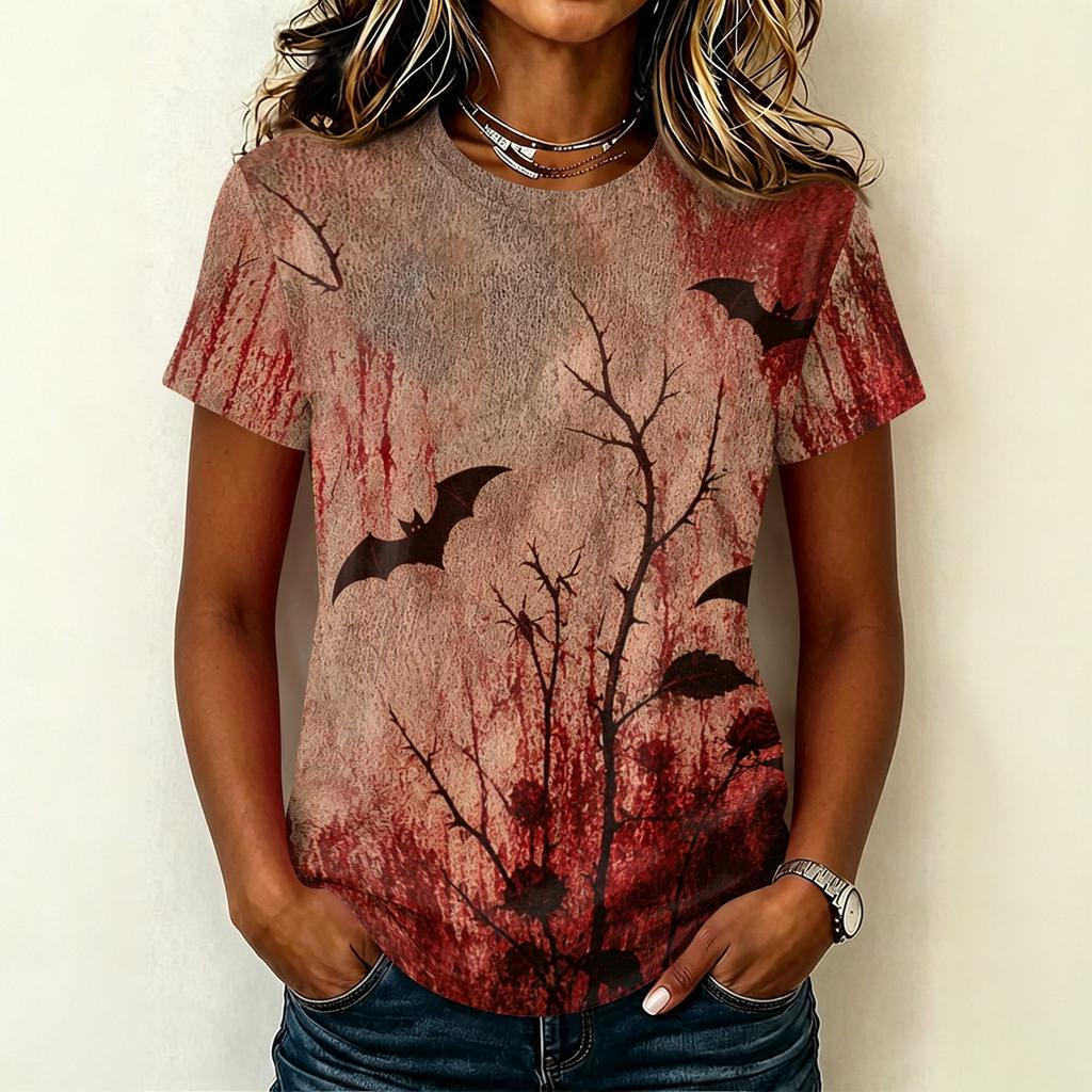 Women's Casual Pullover Short Sleeve T Shirt Halloween Graphic Print Round Neck Top Lightweight Comfortable Fit