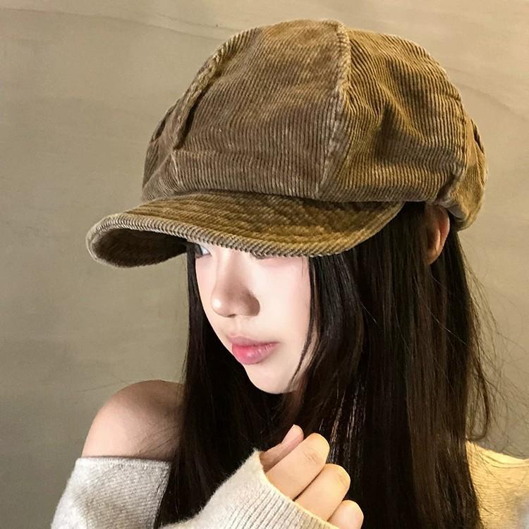 Retro corduroy pleated octagonal hat women's trend versatile big head circumference shows the face small literary style beret