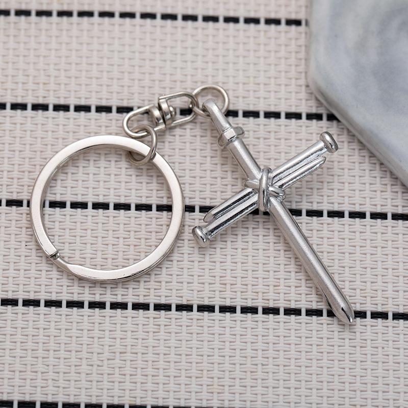 Nail Cross Stainless Steel Keychain Punk Personality Design Fashion Metal Pendant Practical Student Bag Gift