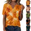 Damen Casual Kurzarm V-Ausschnitt T-Shirt mit Blattdruck und Zierknöpfen