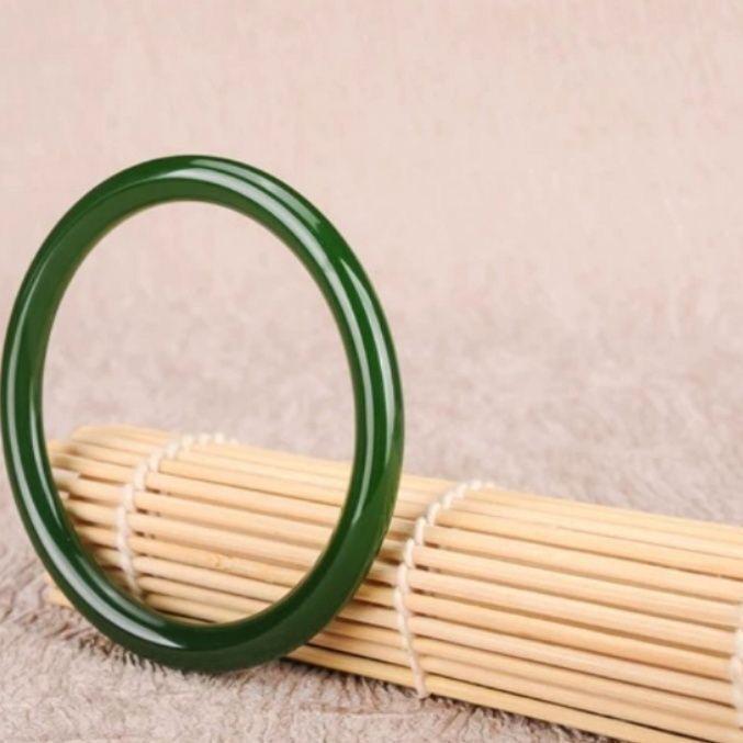 Natural Hetian Spinach Green Jade Bracelet - Thin Round Strand, Girly Style 53mm