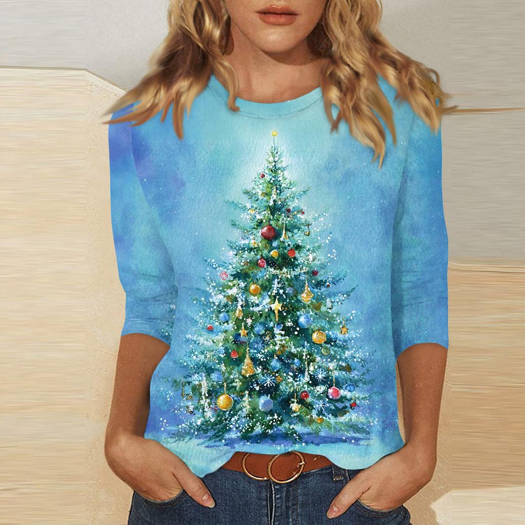 Women's Fashionable Casual Three Quarter Sleeve Christmas Printed Round Neck Top