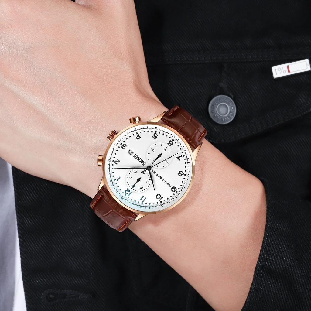 Skmei Mens Top Brand Luxury Genuine Leather Strap Waterproof Date Wristwatch Clock Reloj Hombre Stopwatch Quartz Watches 9301