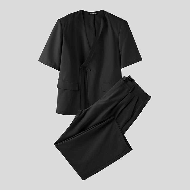 

INCERUN Two Pieces Outfits Men V Neck Short Sleeve Shirt Long Straight Pants Oversized Sets L