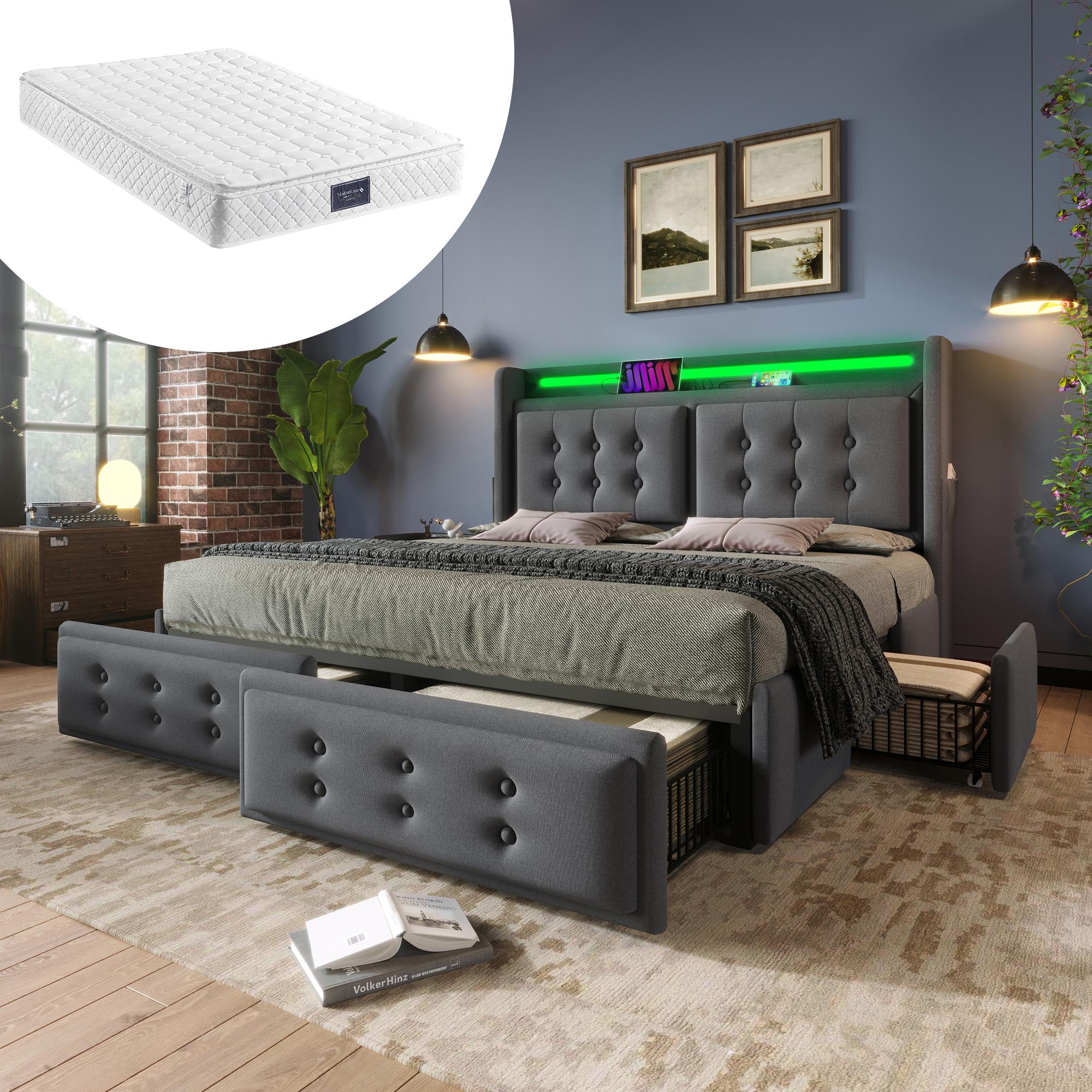 Upholstered Bed 140x200, LED Headboard, USB