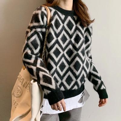 Dames Argyle Trui Lange Mouw Vintage Dames Pullover Herfst Winter Koreaanse Truien Losse Casual Gebreide Tops