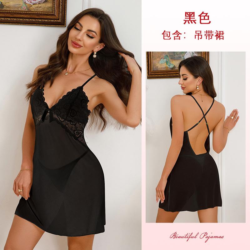 Multi-Style Sexy Lace Mesh Nightgown Deep V High Slit Print Cami Pajamas Women's Loungewear Versatile Seductive Sleepwear Collection with Diverse