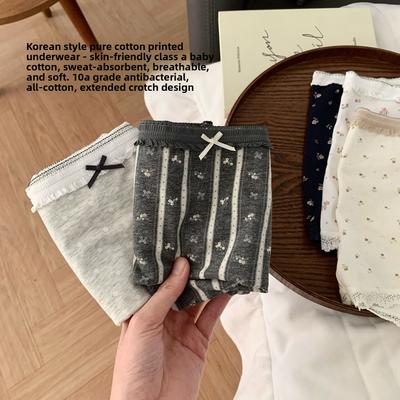 Female Spring and Autumn Pure Cotton Floral 10A Anti Bacterial Extended Crotch Hip Mid Waist Flat Angle Briefs