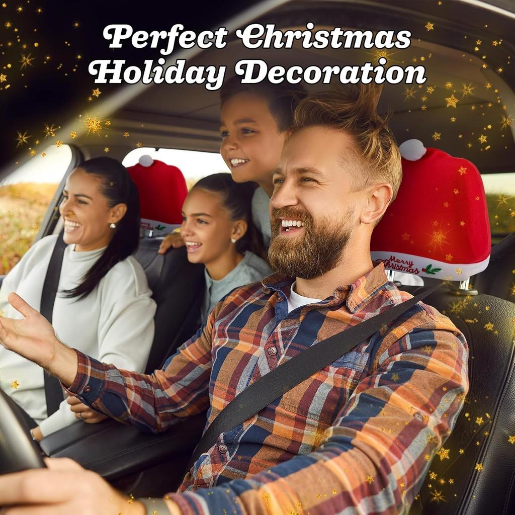 5Pcs Christmas Car Decoration Comfort Santa Hat Car Seat Headrest Covers, Interior Xmas Car Accessories Fits Most Vehicle For Christmas New Year
