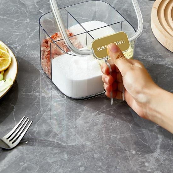 4-Fächer-Gewürzbox mit Schnappdeckel Löffel Transparenter Gewürzbehälter Stapelbarer Kunststoff Küchenorganizer für Salz Zucker Gewürze