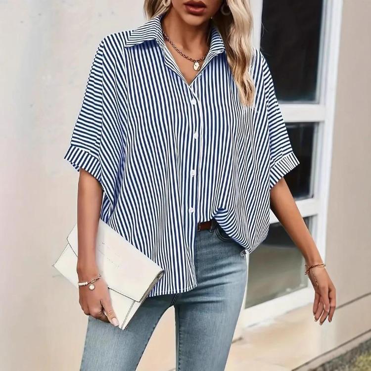 Summer Loose Striped Shirt Women Five Quarter Sleeve