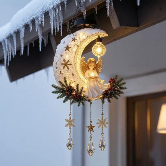Garden Patio Yard Decoration Solar Angel Moon Light, Christmas Hanging Lantern with Warm Glow, Resin Light Outdoor for Porch Tree, Faux Crystal