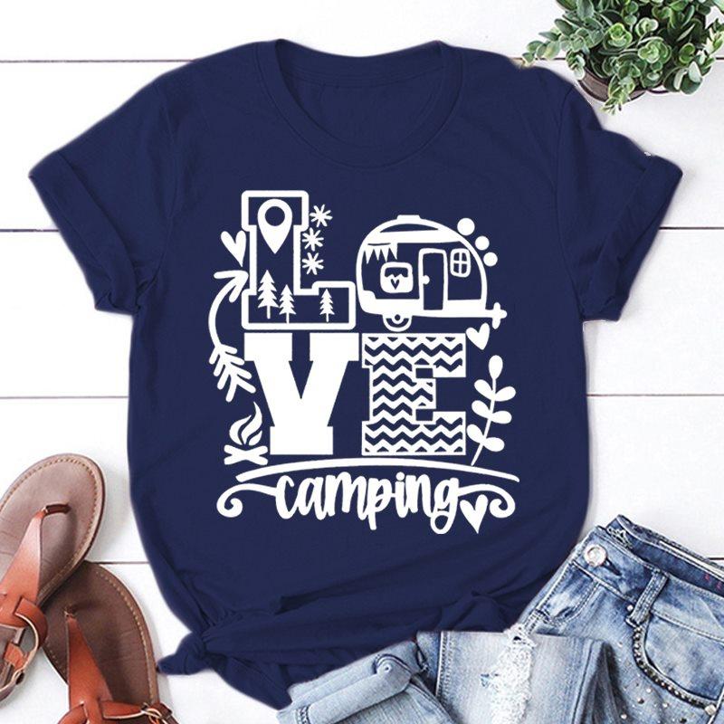 New Fashion Women T-Shirt Love Camping Print Short Sleeve Camper Casual Tee Round Neck Tops