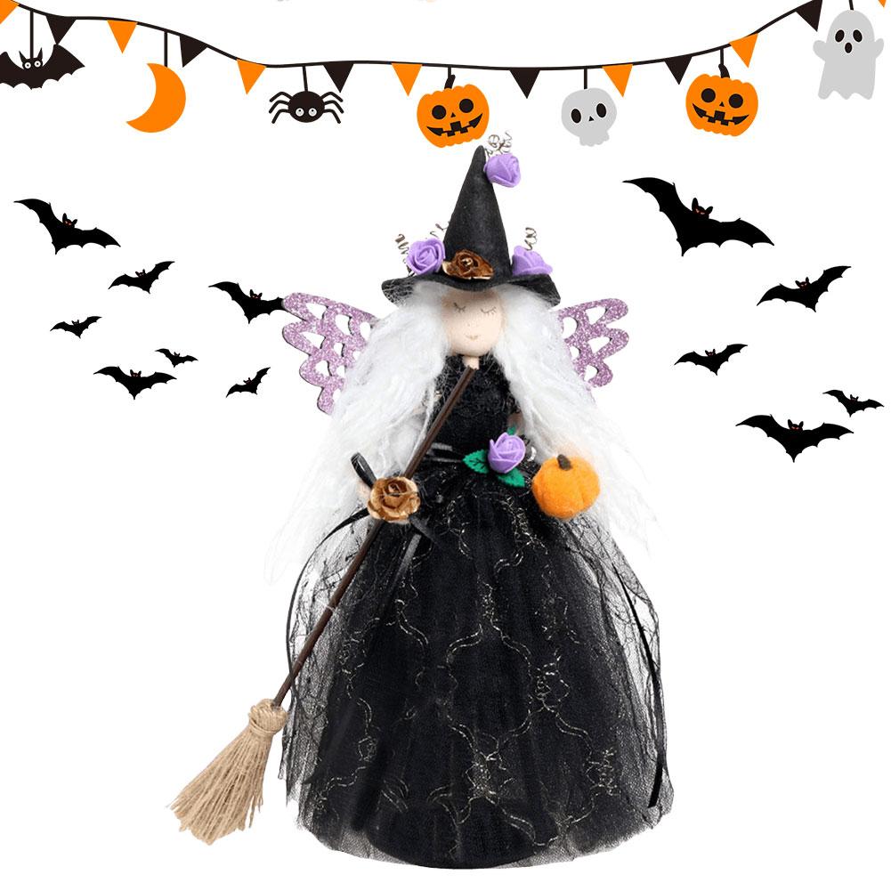 Halloween Witch Doll with Broom Haunted House Doll Ornaments Halloween Witch Tree Topper Decoration for Halloween Party Decor