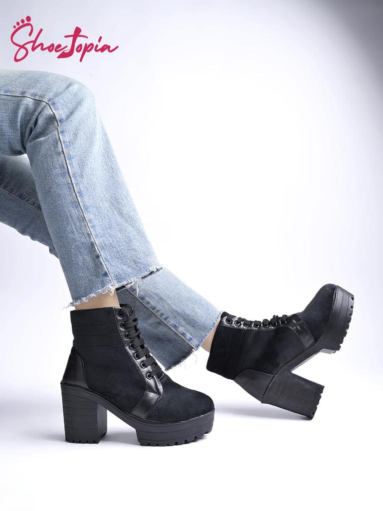 Shoetopia Damen Chunky Heel Kurze Stiefeletten mit rutschfester Sohle, Bequeme Trendige Knöchelboots | Weiche Gepolsterte Sohle | Lässig, Party & Winter