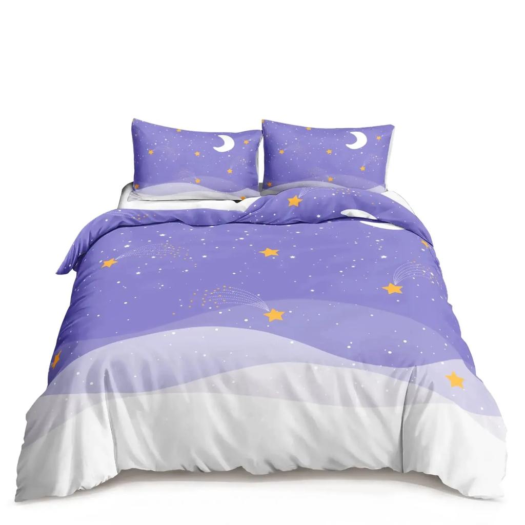 Kawaii Moon Starry Night Sky Duvet Cover Set Blue Pink Purple Star Galaxy Bedding Sets Full Size for Boys Girls Comforter Cover