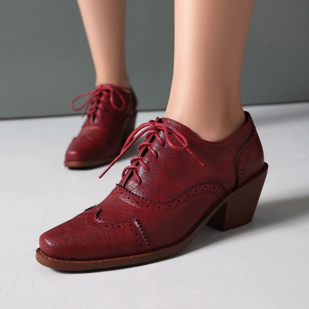 Damen Perforierte Brogues Oxfords Klobige Hohe Absätze Schuhe Quadratische Zehenpartie Schnürschuhe Vintage Pumps für Roaring 20’s Kostümparty