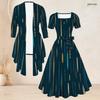 Women Plus Size Two Piece Set Printed Square Neck Short Sleeve Tie Waist Flared Dress And Long Sleeve Cardigan
