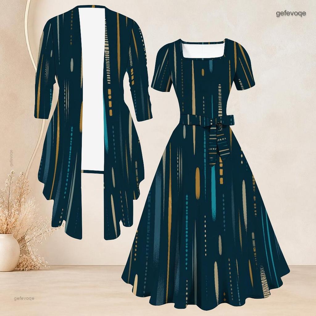 Women Plus Size Two Piece Set Printed Square Neck Short Sleeve Tie Waist Flared Dress And Long Sleeve Cardigan