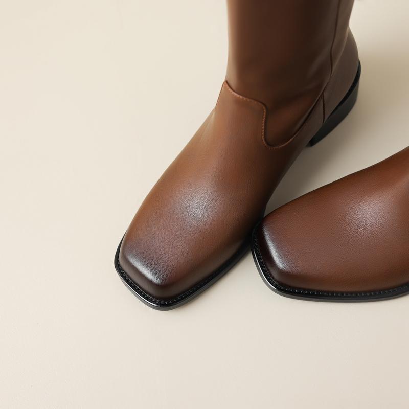 Fashion Women's New Autumn/Winter Square Headed Genuine Leather Vintage Mid Heel Extra Large Customized and Knee Tall Western Boots