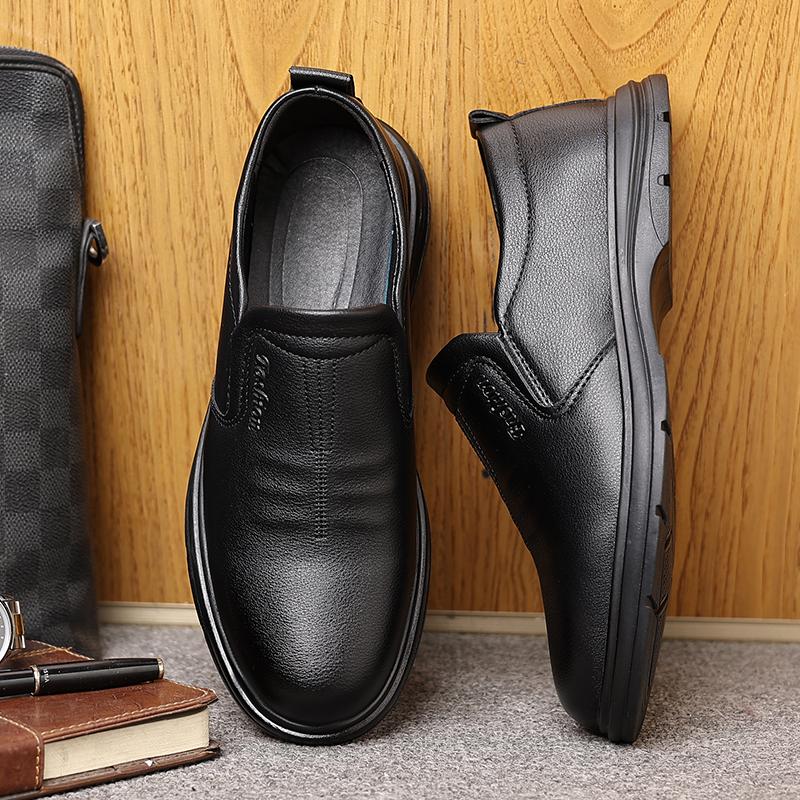 Male Leather Shoes Breathable Round Toe Men Dress Shoes Lace-up Waterproofing Solid Business Leather Shoes Black Flats