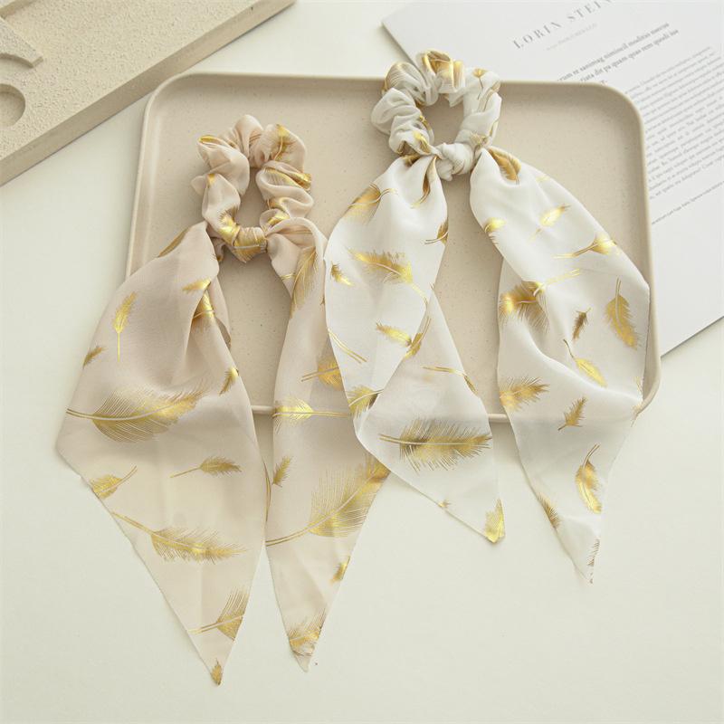 Korean Chiffon Feather Hair Ribbon Scarf Vintage Simple Hair Loop Tie Elastic Hairband For Women Girl Hair Accessories Headbands