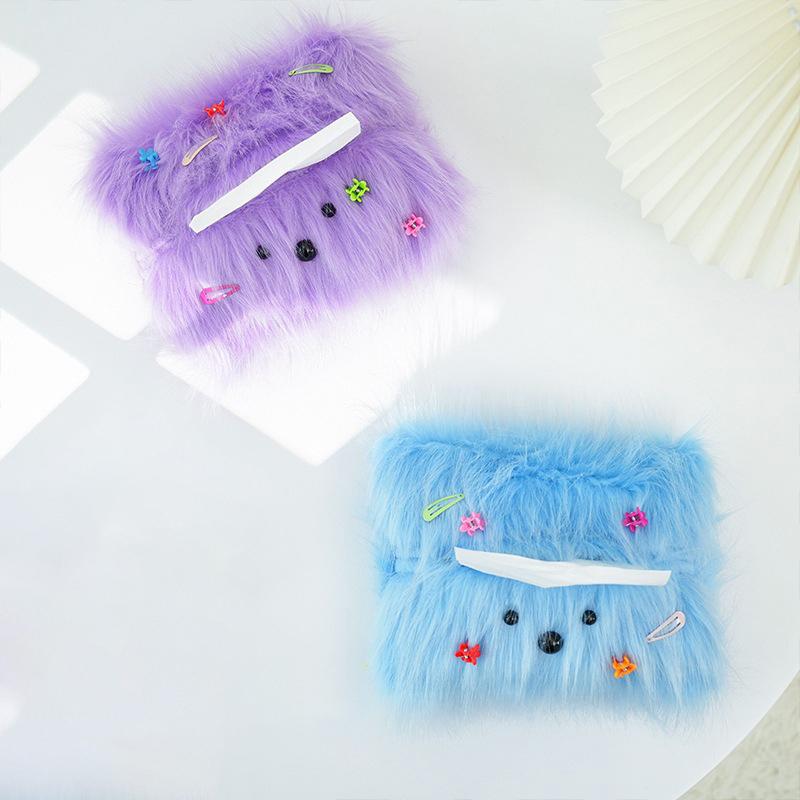 Cute Long Haired Puppy Tissue Box Car Home Kawaii Plush Tissue Boxes Tissue Storage Case Container Desktop Paper Organizer