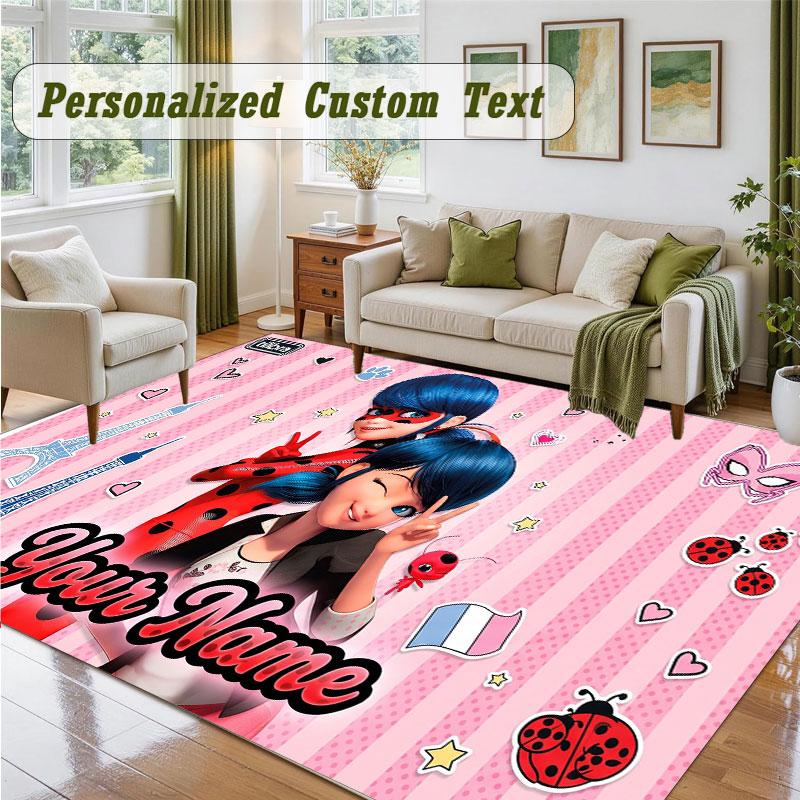 Crystal Velvet Square Rug Custom NameMiraculous Ladybug Pattern Non Slip Home Floor Decor Rug