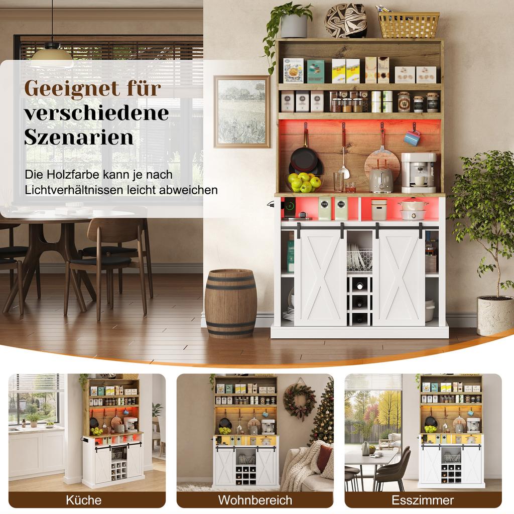 191 cm Kitchen Cabinet, Tall Cabinet with LED, Kitchen Shelf with Socket, Hooks, Wine Rack and Display Cabinet for Kitchen & Dining Room