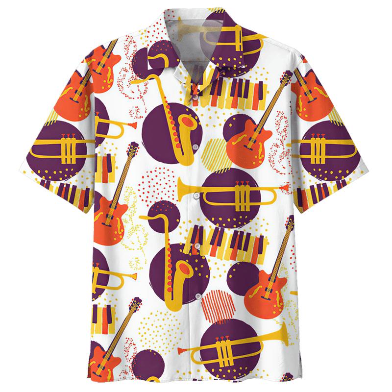 Saxophone Guitar Pattern Shirt For Men 3D Printed Musical Instrument Blouse Loose Lapel Short Sleeve Button Hawaiian Shirts